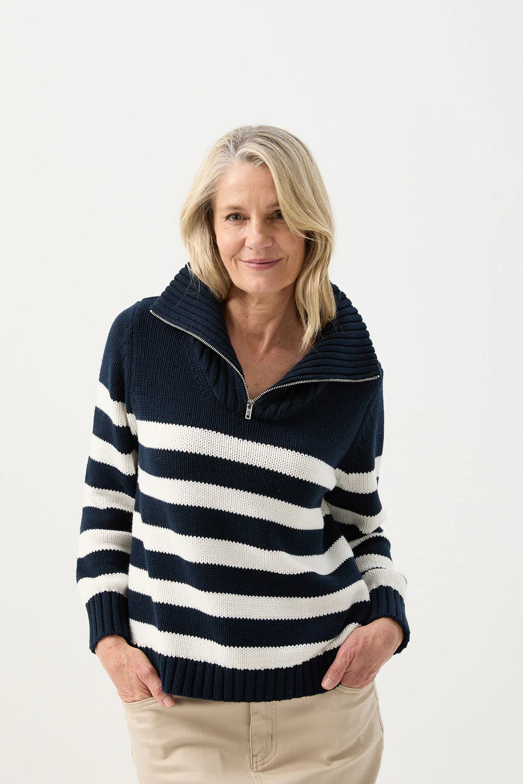 Cotton Stripe 1/2 Zip Jumper | Navy/White -  - Beechworth Emporium