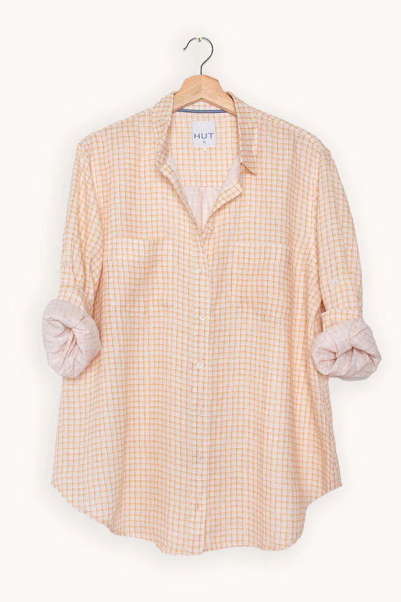 Boyfriend Linen Shirt | Apricot Check - Hut Clothing - Beechworth Emporium