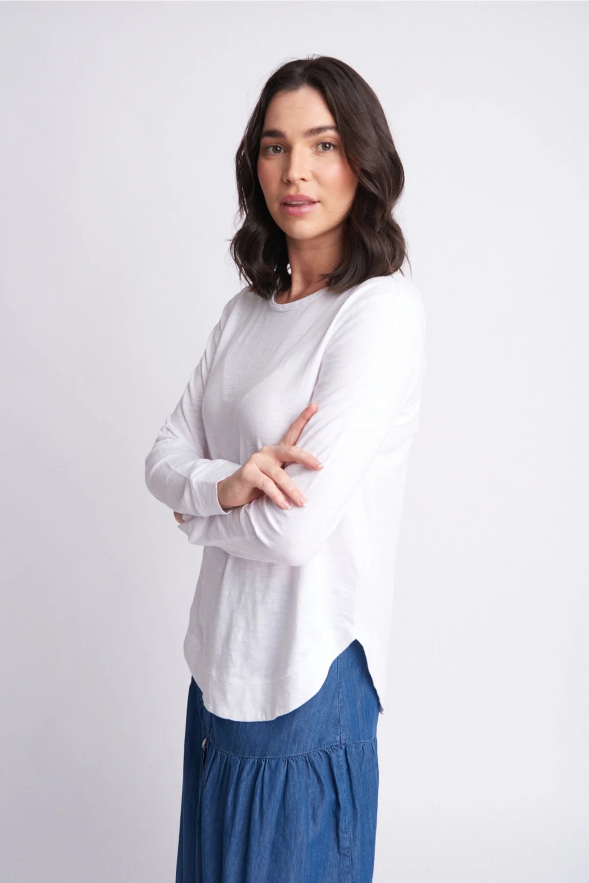 Shaped Hem Cotton Tee | White -  - Beechworth Emporium