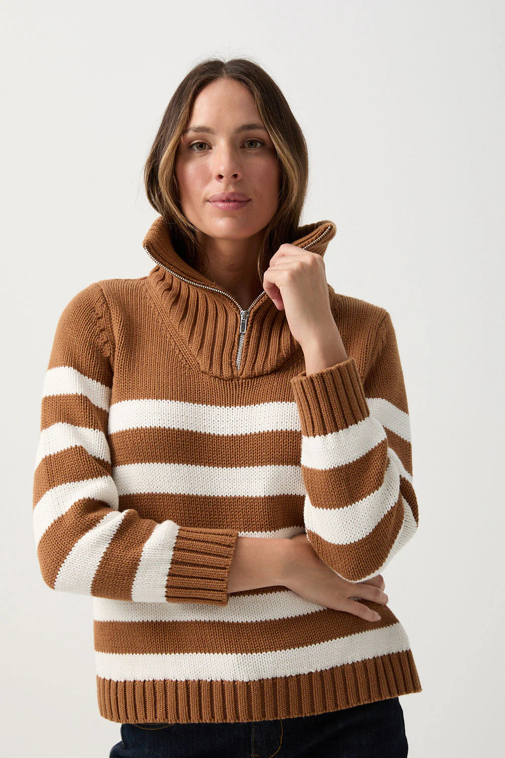 Cotton Stripe 1/2 Zip Jumper | Bronze Brown/White - - Beechworth Emporium
