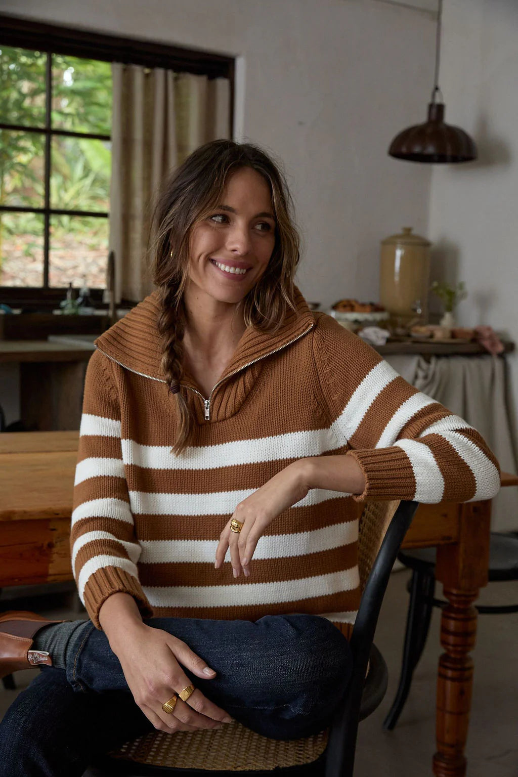 Cotton Stripe 1/2 Zip Jumper | Bronze Brown/White - - Beechworth Emporium