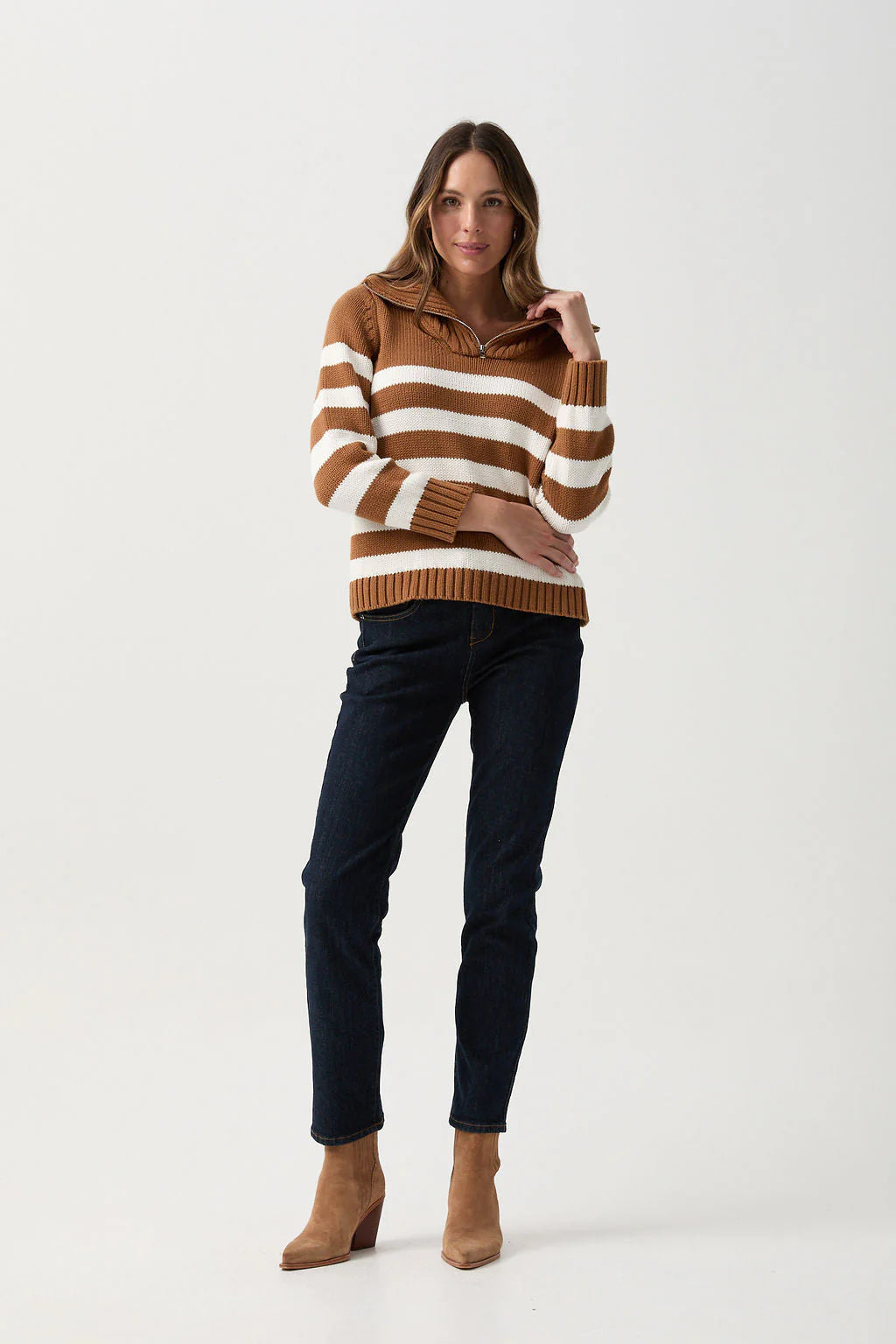 Cotton Stripe 1/2 Zip Jumper | Bronze Brown/White - - Beechworth Emporium