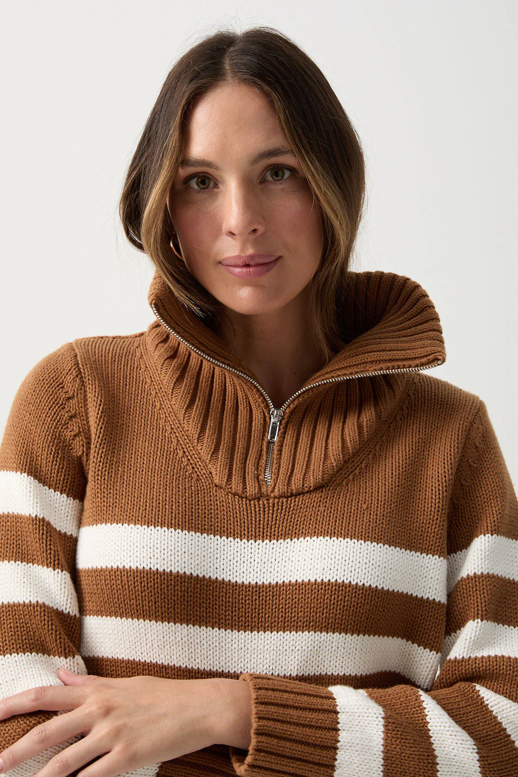 Cotton Stripe 1/2 Zip Jumper | Bronze Brown/White - - Beechworth Emporium
