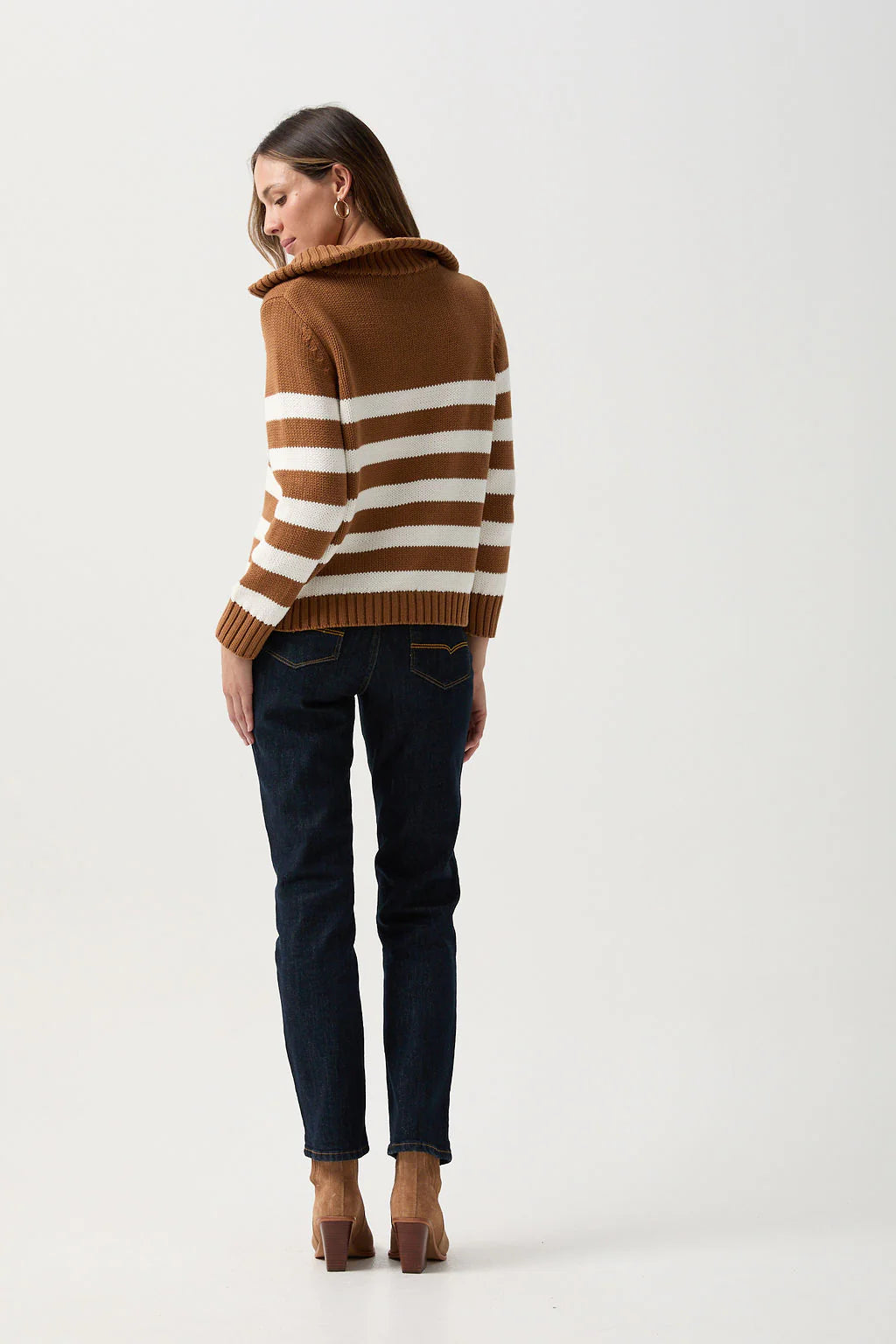 Cotton Stripe 1/2 Zip Jumper | Bronze Brown/White - - Beechworth Emporium