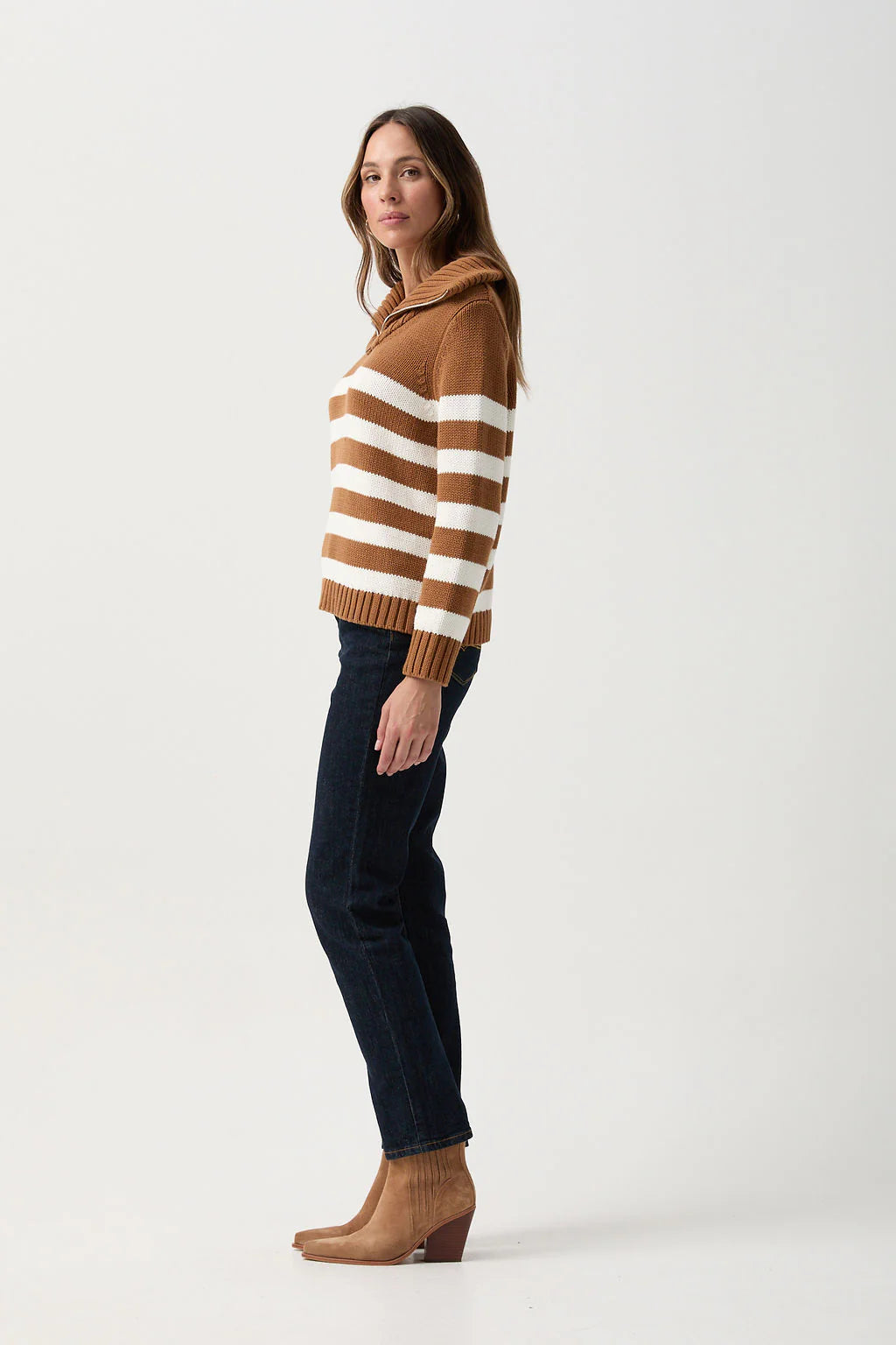 Cotton Stripe 1/2 Zip Jumper | Bronze Brown/White - - Beechworth Emporium