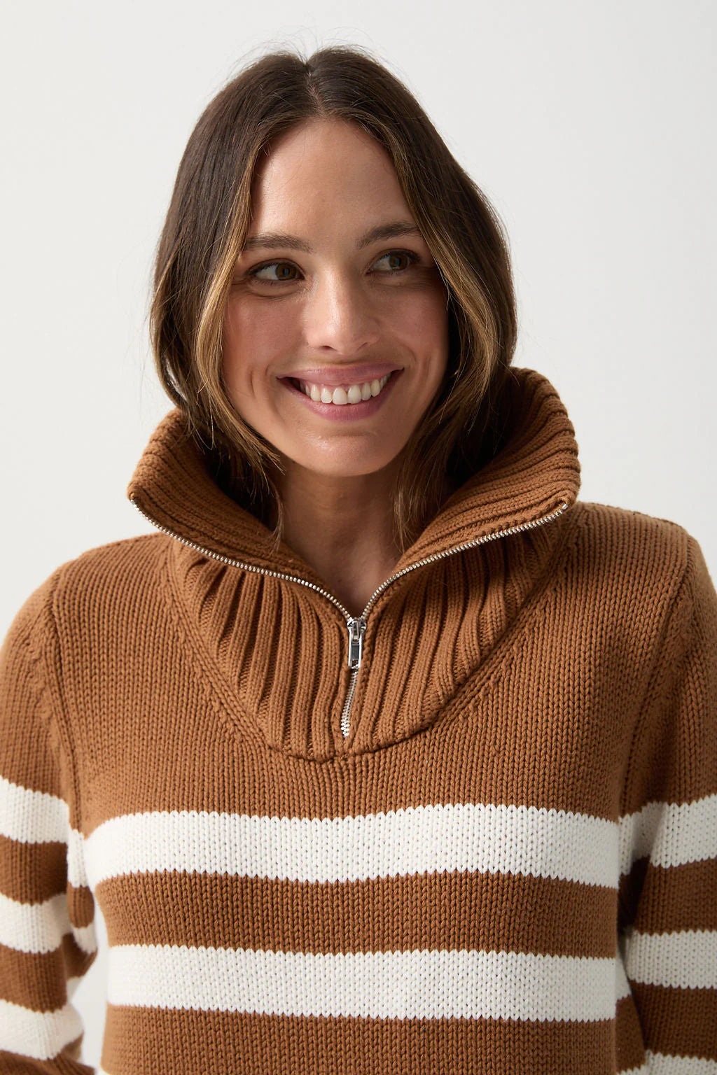 Cotton Stripe 1/2 Zip Jumper | Bronze Brown/White - - Beechworth Emporium