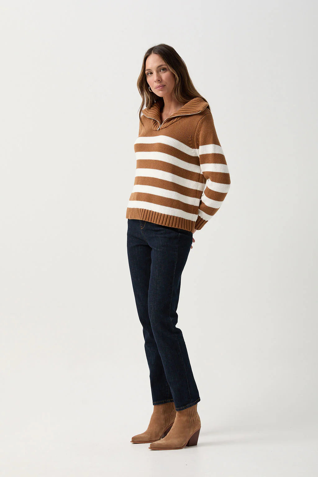 Cotton Stripe 1/2 Zip Jumper | Bronze Brown/White - - Beechworth Emporium