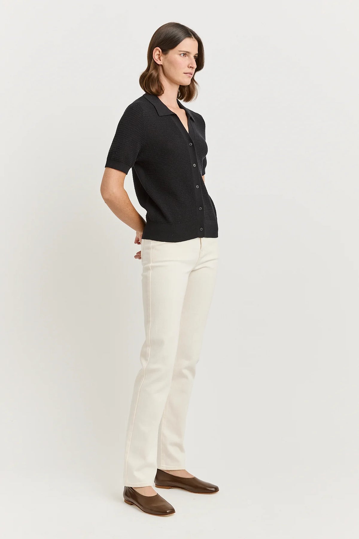 Grain Stitch Button Polo | Black