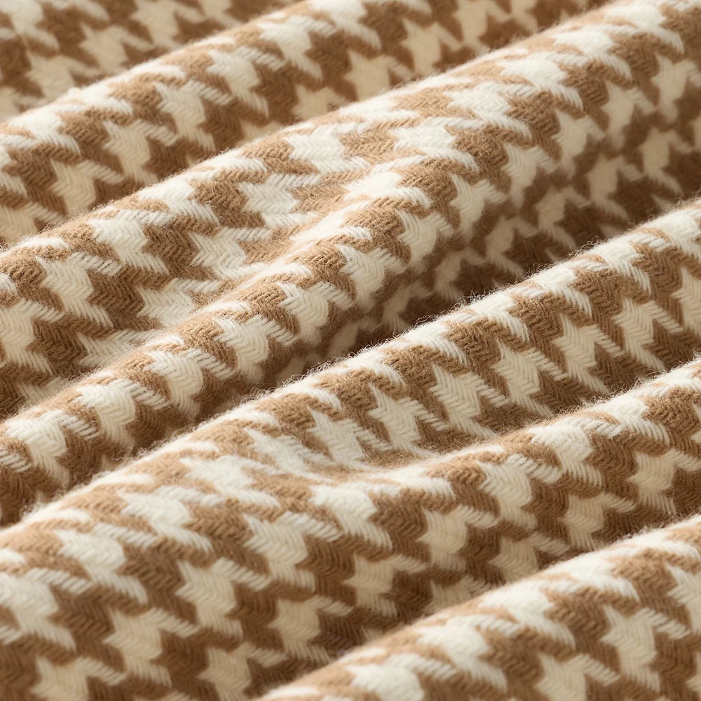 Waverley Mills Houndstooth Scarf in Tan, tan and cream Australian Merino wool scarf with rolled fringe