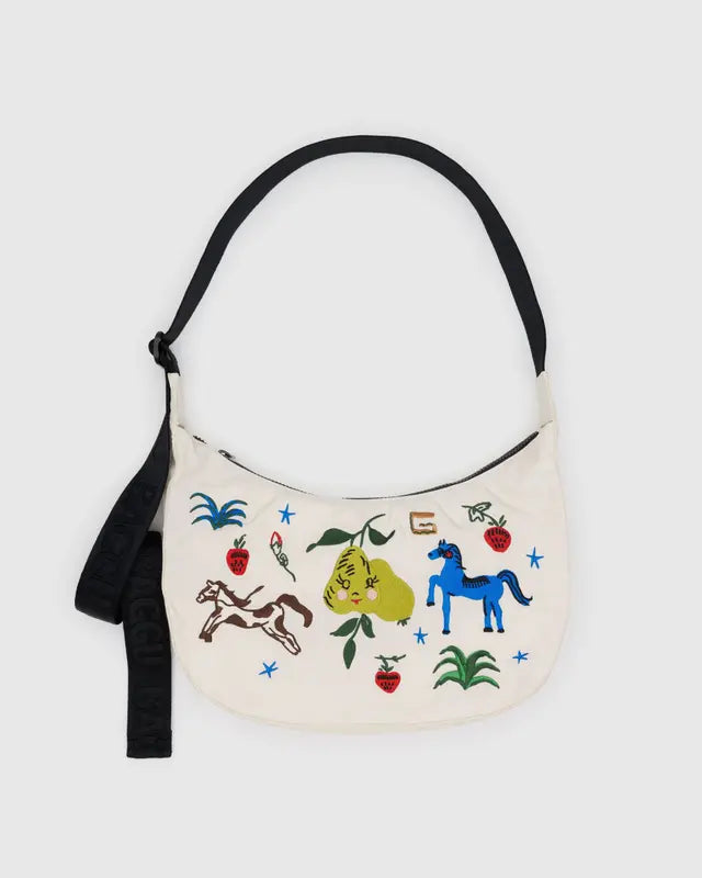 Medium Nylon Crescent Bag | Embroidered Painted Prairie