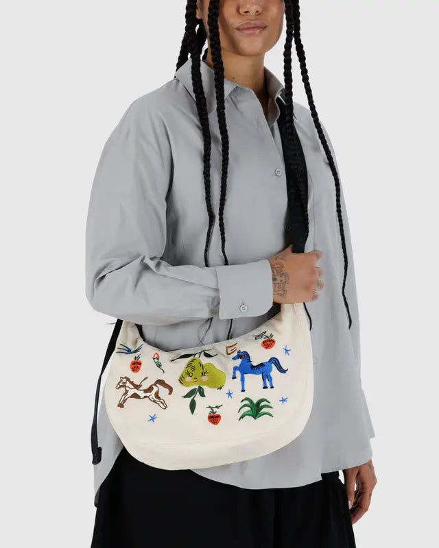 Medium Nylon Crescent Bag | Embroidered Painted Prairie