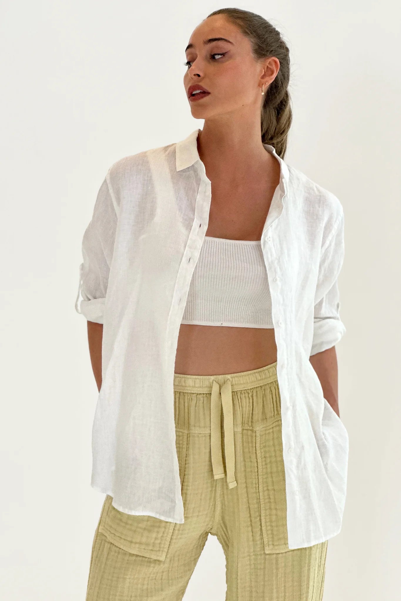 Boyfriend Linen Shirt w/ No Pockets | Optic White - Hut Clothing - Beechworth Emporium
