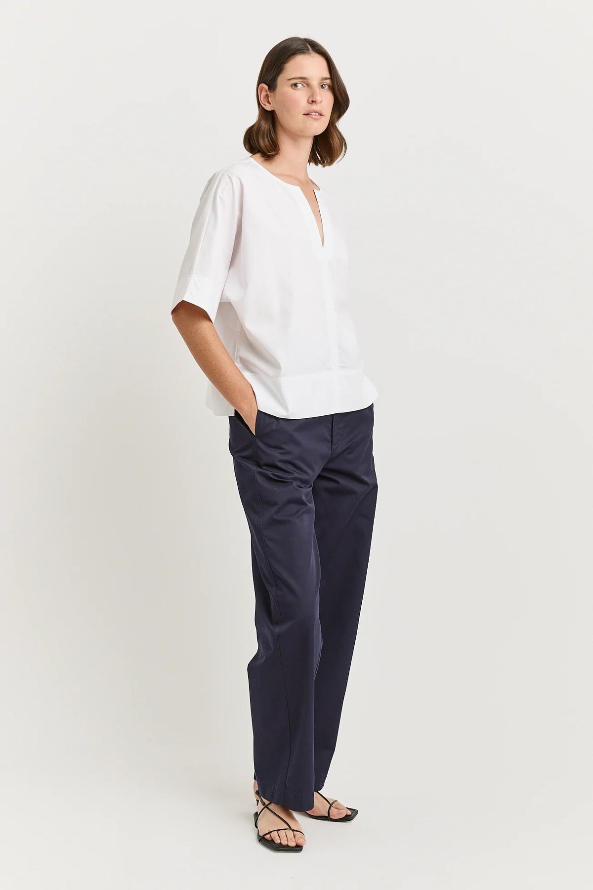 Poplin Split Kneck Top | White