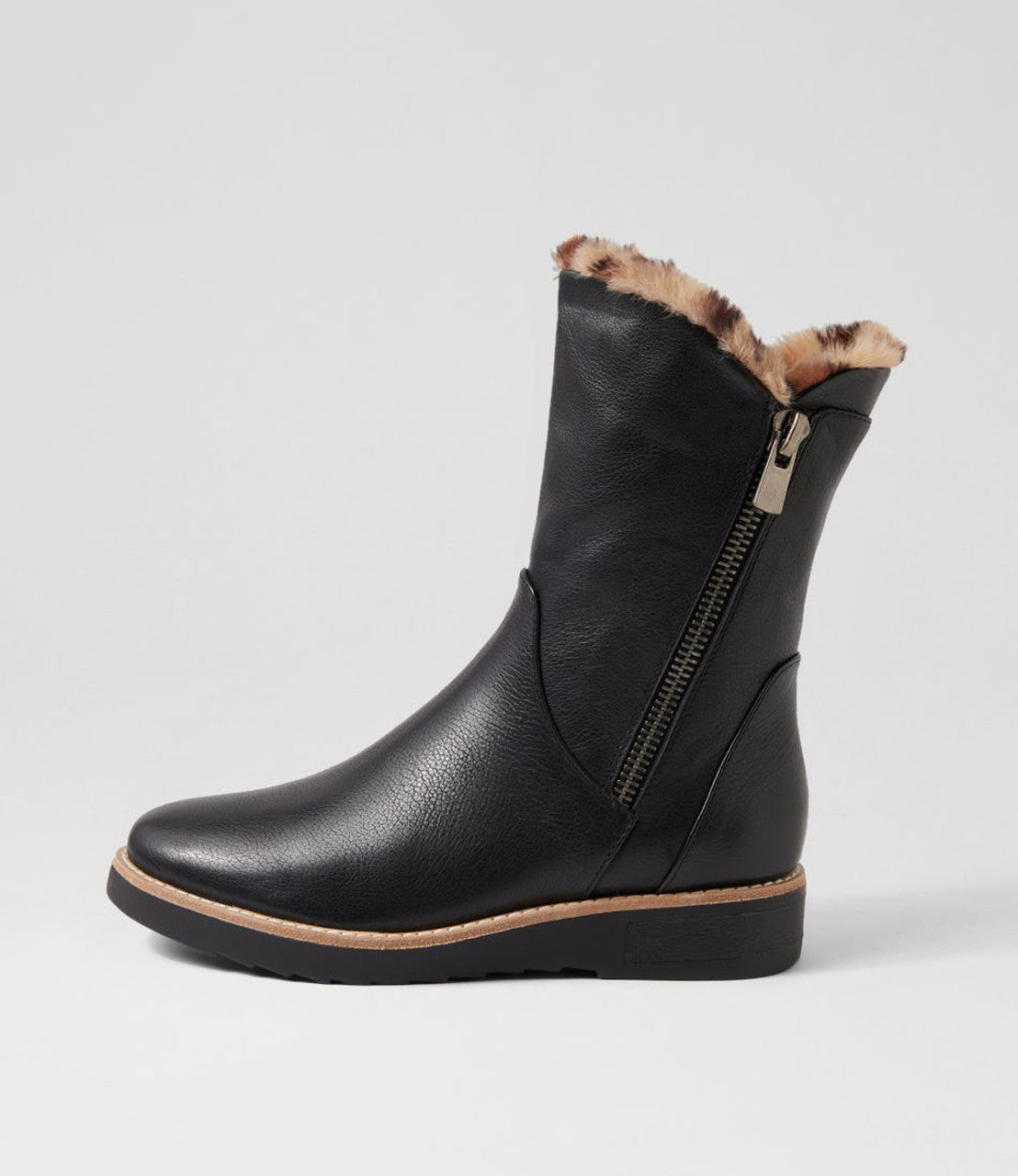 Rhemy Black Tan Leopard Leather Fur Ankle Boots - - Beechworth Emporium