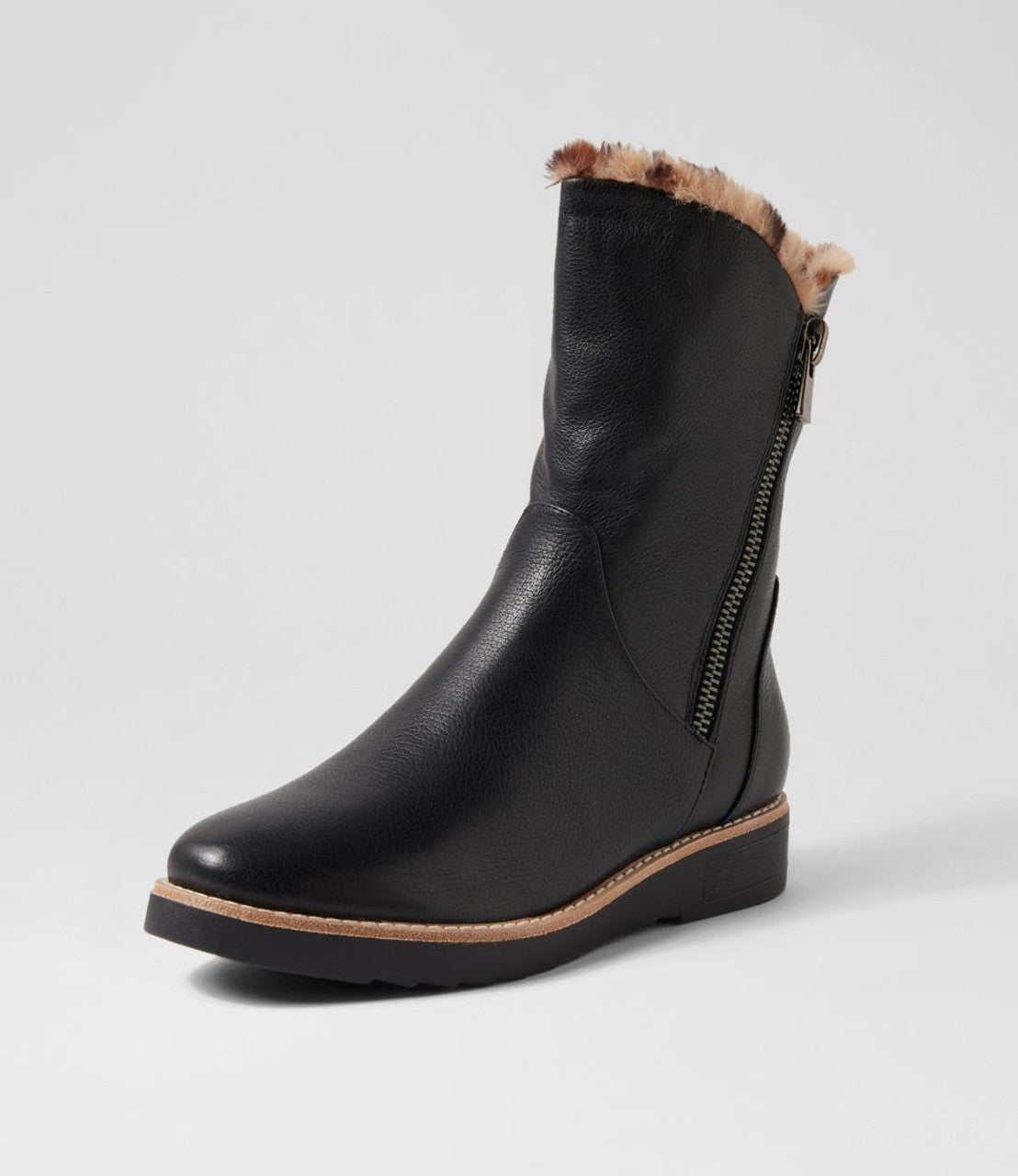 Rhemy Black Tan Leopard Leather Fur Ankle Boots - - Beechworth Emporium