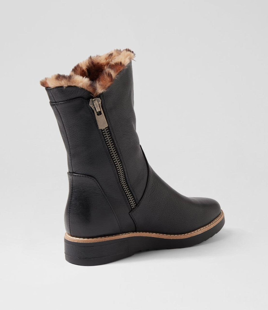 Rhemy Black Tan Leopard Leather Fur Ankle Boots - - Beechworth Emporium