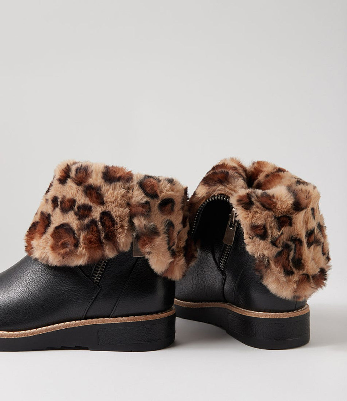Rhemy Black Tan Leopard Leather Fur Ankle Boots - - Beechworth Emporium