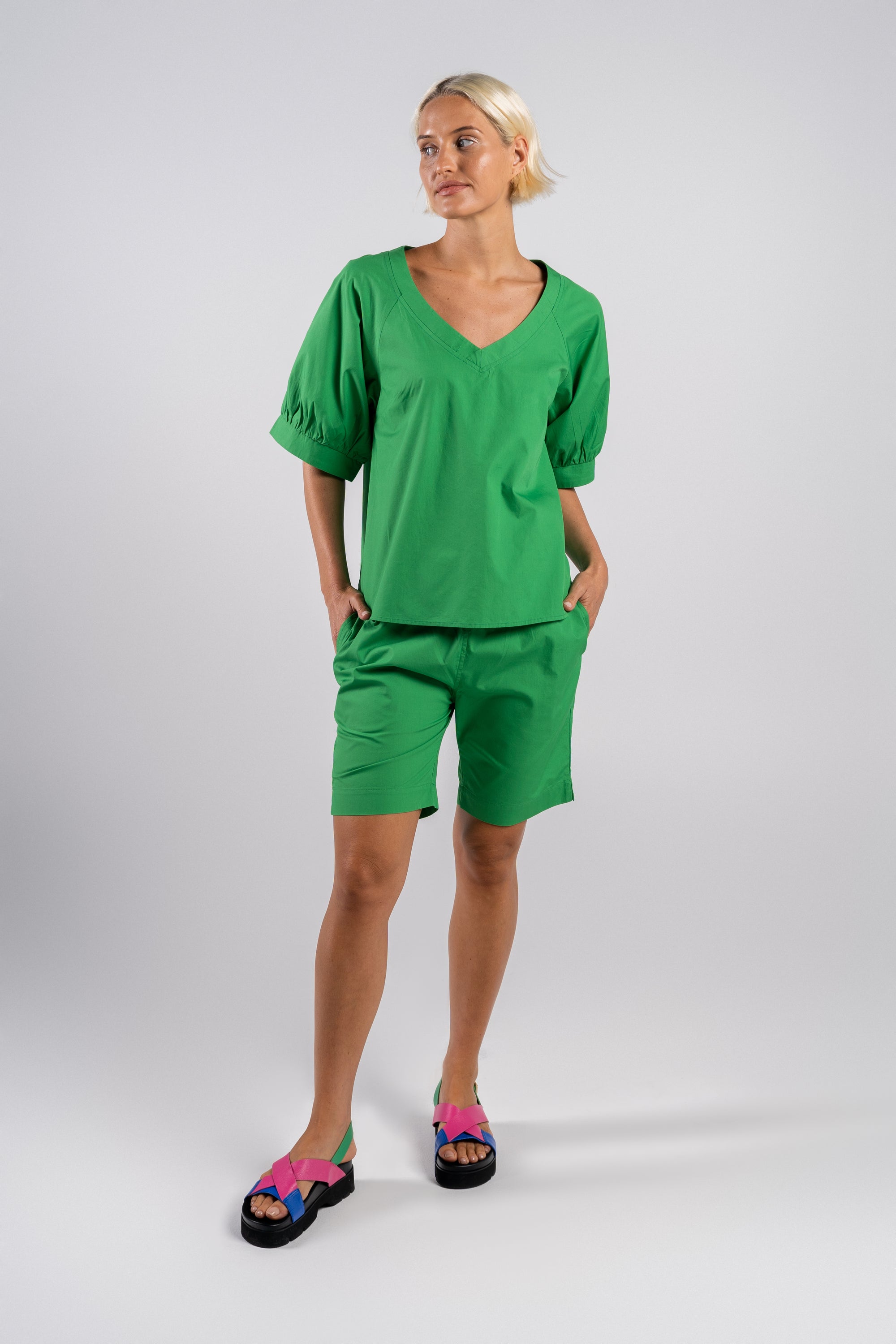 Cotton Half Sleeve Deep V Top | Green - Wear Colour - Beechworth Emporium