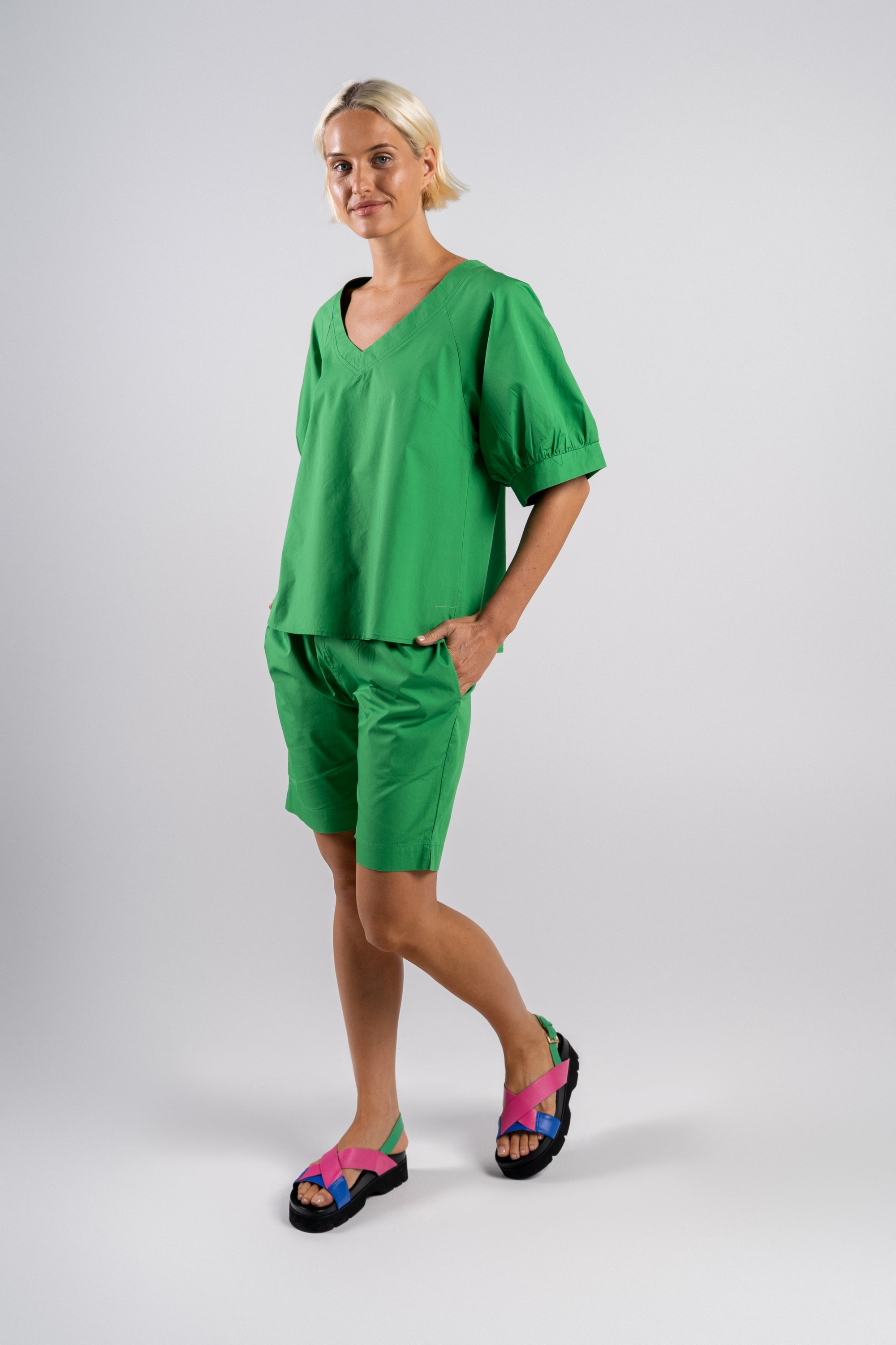 Cotton Half Sleeve Deep V Top | Green - Wear Colour - Beechworth Emporium