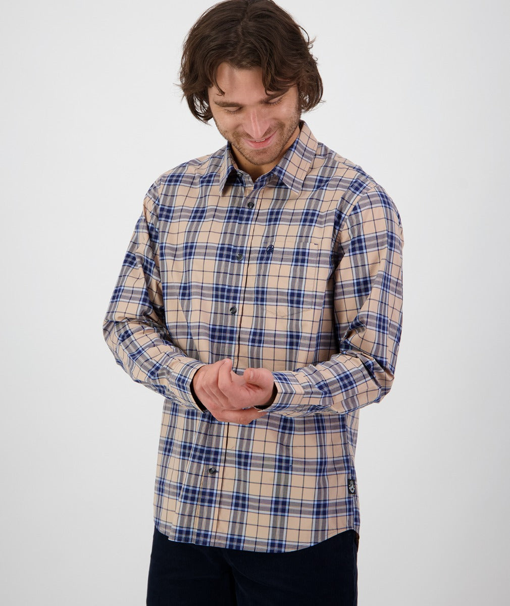 Glenpark Long Sleeve Shirt | Pebble/Navy Check - - Beechworth Emporium