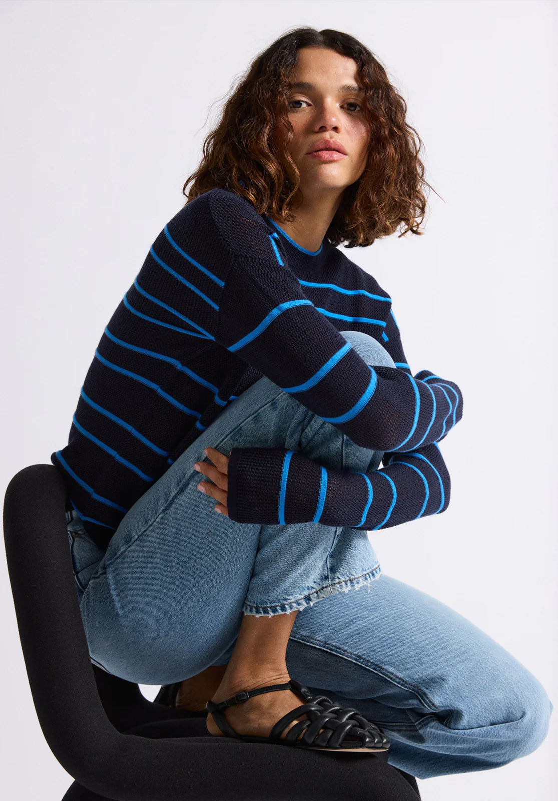 Stripe Mesh Knit Top | Navy