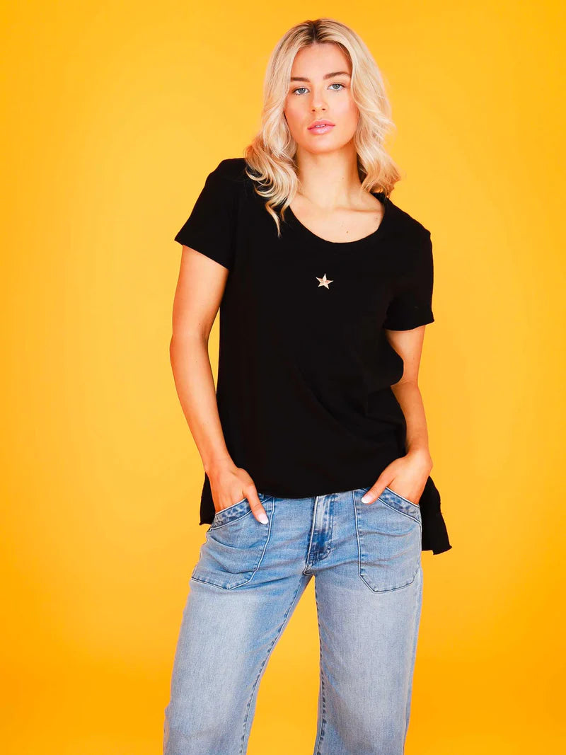 Cathie Embroidery Star Short Sleeve T-Shirt | Black - 3rd Story - Beechworth Emporium