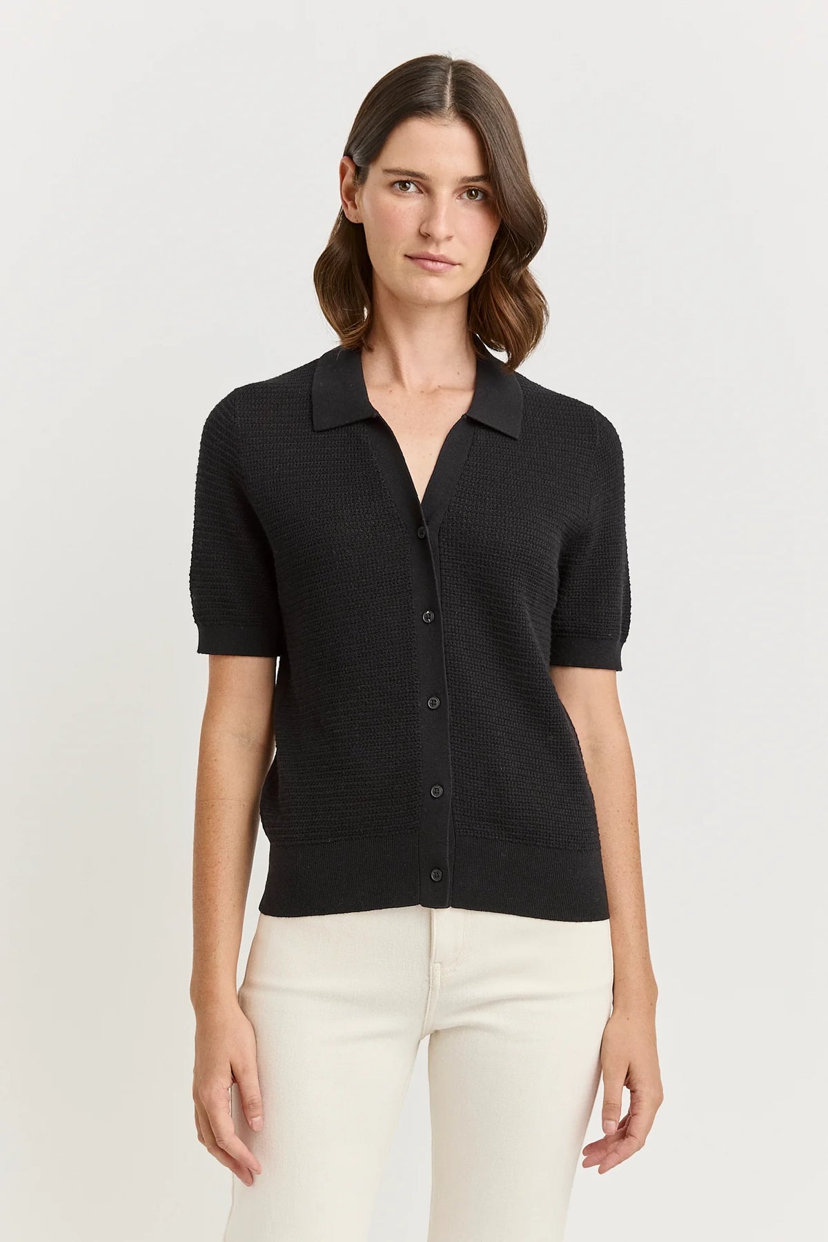 Grain Stitch Button Polo | Black