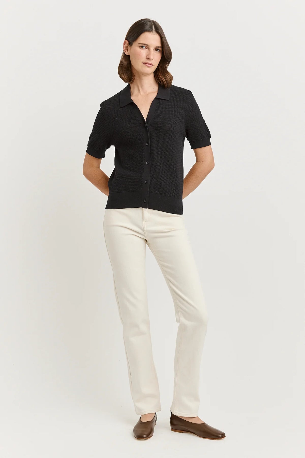Grain Stitch Button Polo | Black