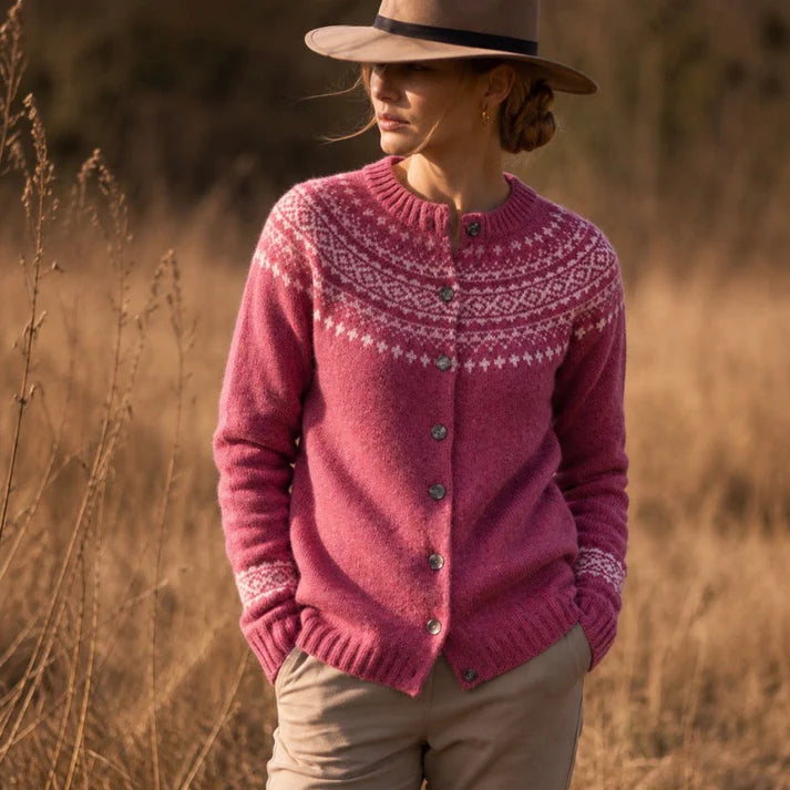 Fair Isle Yoke HB Cardigan | Zinnia/Snow White