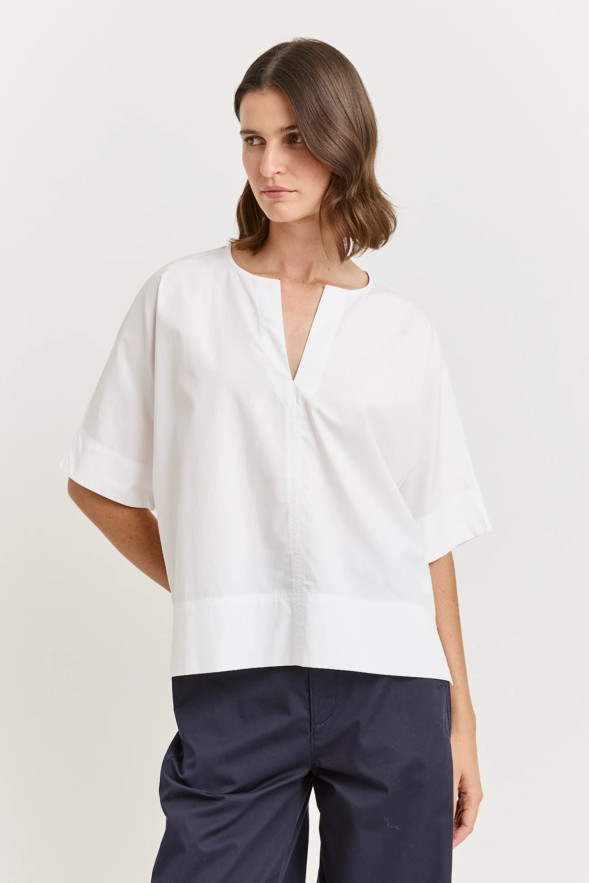 Poplin Split Kneck Top | White