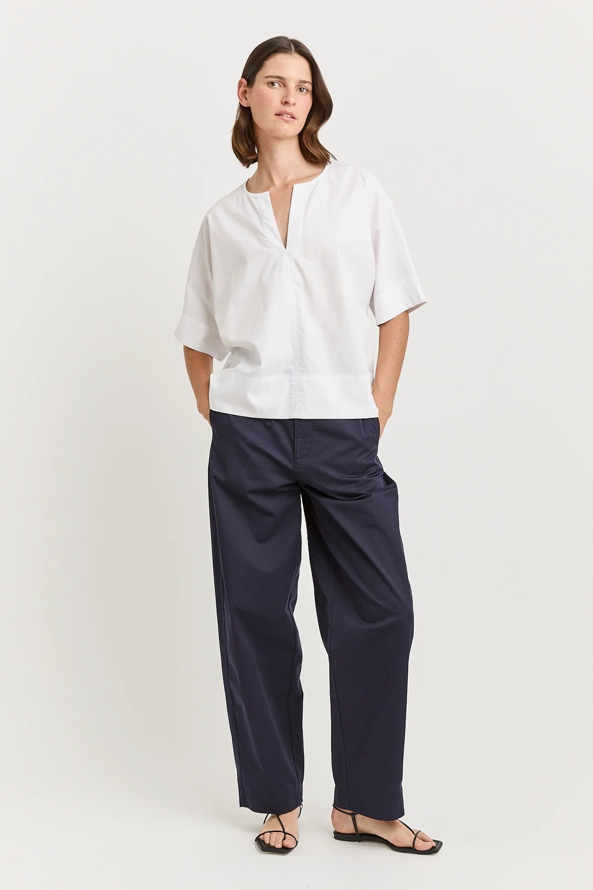 Poplin Split Kneck Top | White