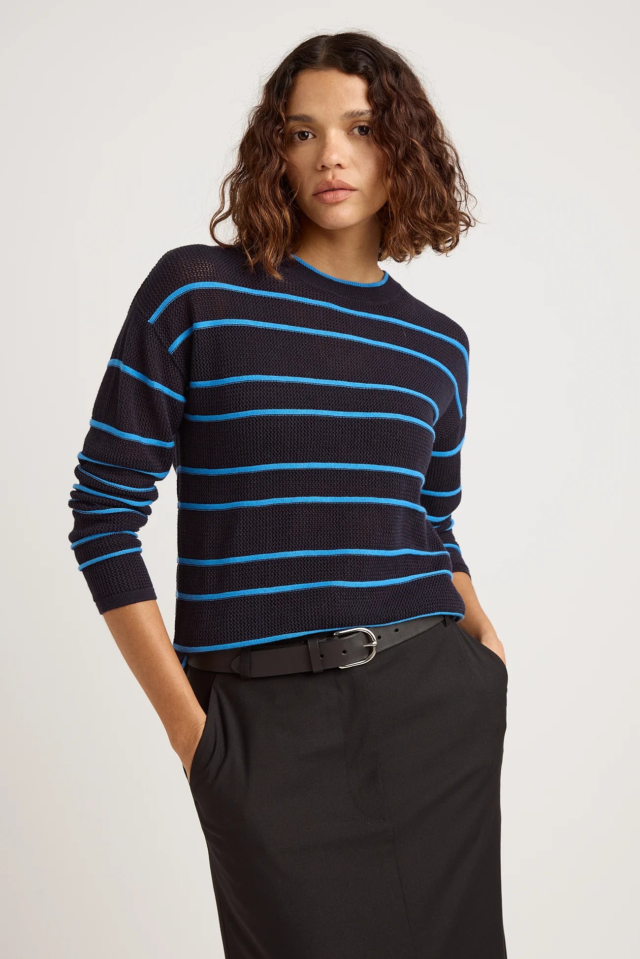 Stripe Mesh Knit Top | Navy