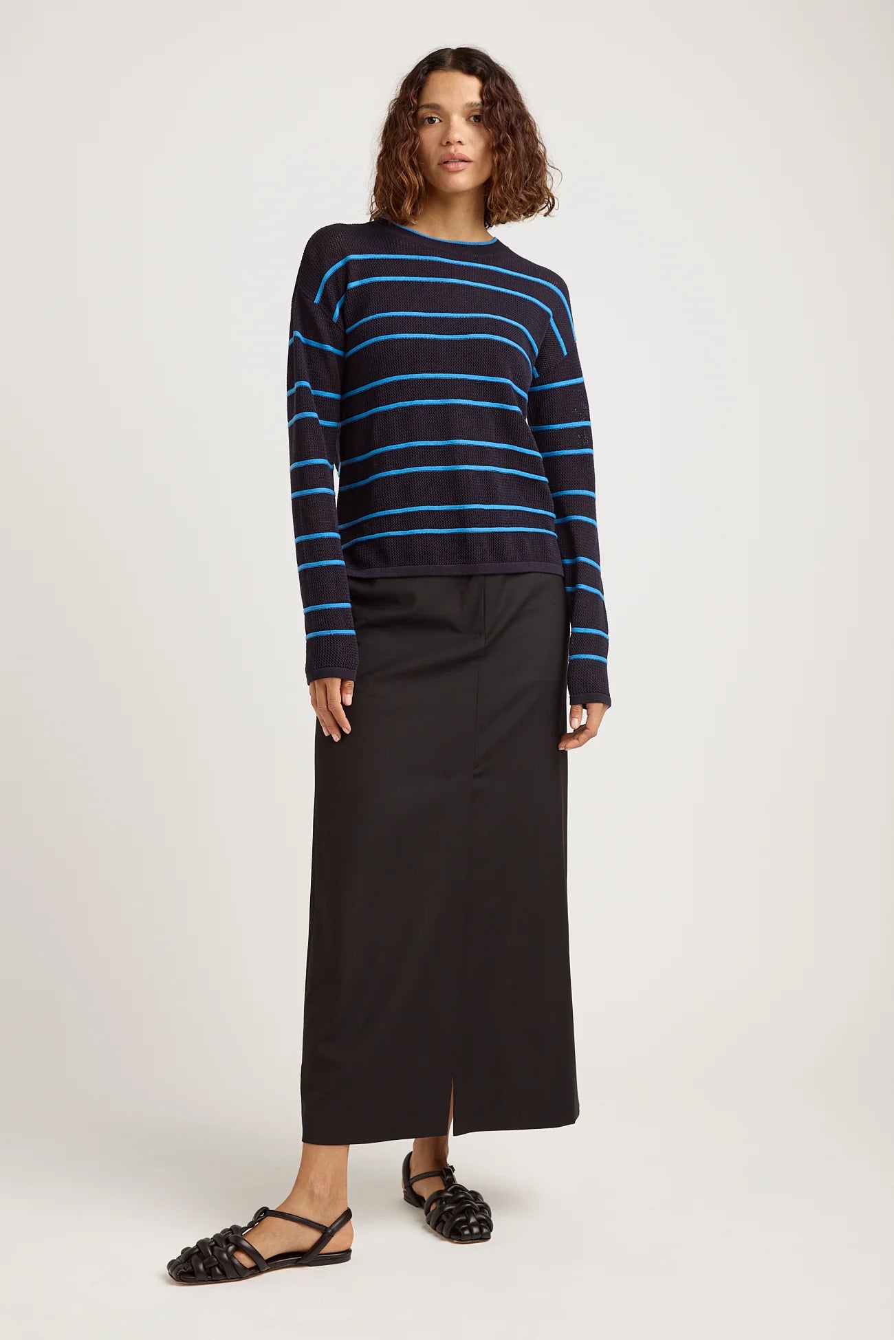 Stripe Mesh Knit Top | Navy