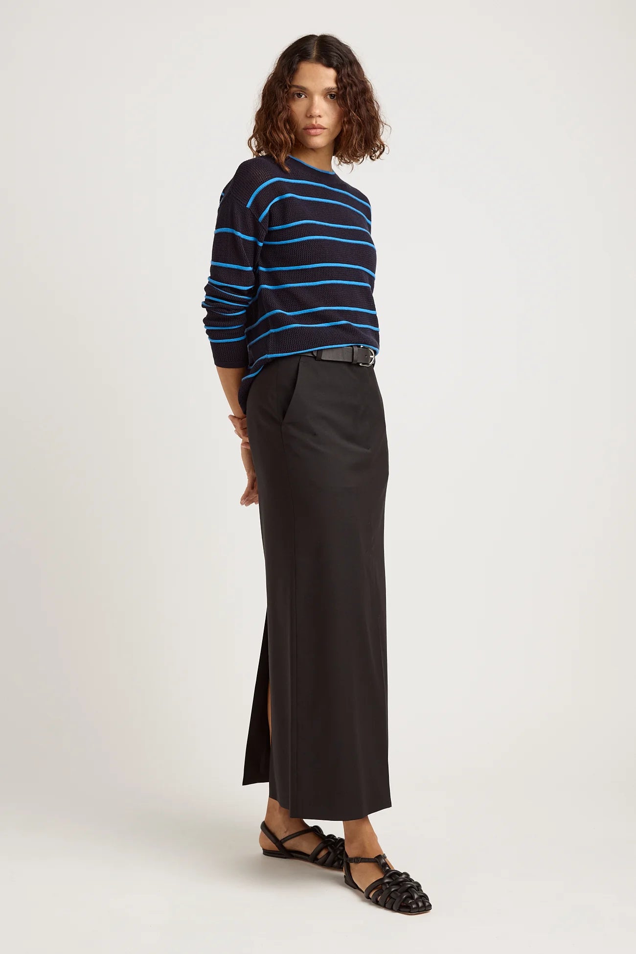 Stripe Mesh Knit Top | Navy