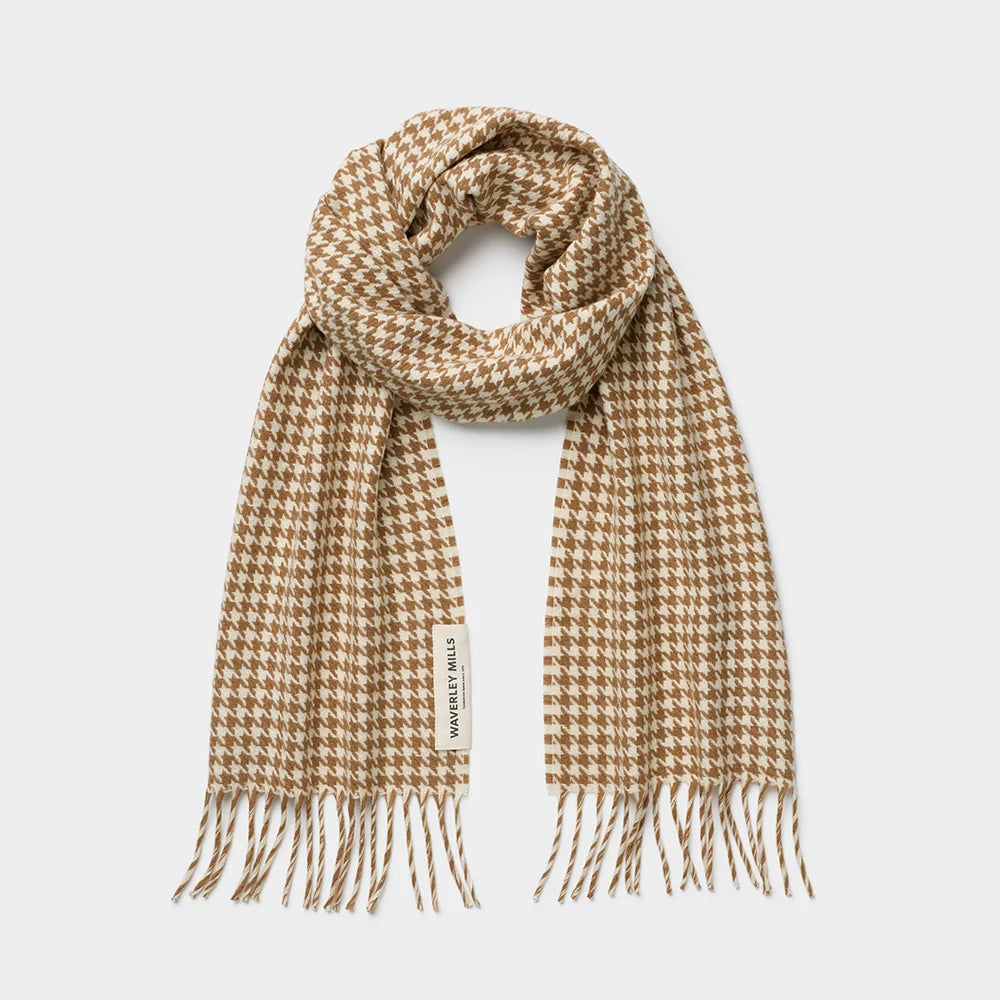 Waverley Mills Houndstooth Scarf in Tan, tan and cream Australian Merino wool scarf with rolled fringe